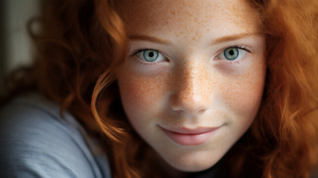 Portrait of a young smiling teenager. The picture of health. Bright eyed girl with red hair and freckles.