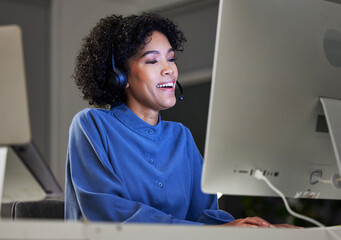 Computer video call, customer service and night business woman communication, telemarketing or help...