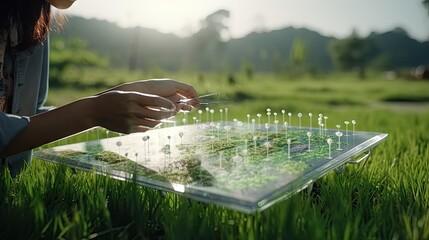 Woman using transparent tablet with floating icons to control rice production - obrazy, fototapety, plakaty