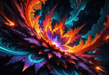 A bold and dramatic scene of neon fractals that create a fiery and intense explosion in the space - obrazy, fototapety, plakaty