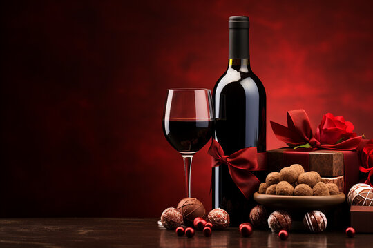 Indulgent Romance, Dark Red Background with Wine Bottle and Chocolate Delights