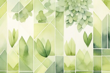 abstract floral geometric pattern watercolor hand drawn background, template light green liana interweavings, exotic tropical wall with green leaves..