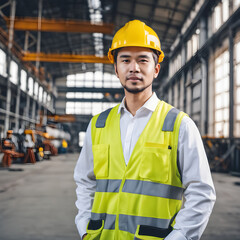 Ingeniero industrial con casco amarillo y chaleco dentro de una fabrica