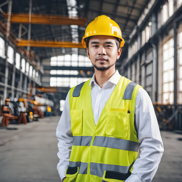 Ingeniero Industrial Con Casco Amarillo Y Chaleco Dentro De Una Fabrica