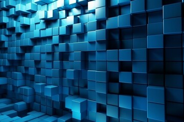 Wall made of stacked blue square mosaic tiles forming a futuristic 3D block background. Generative AI
