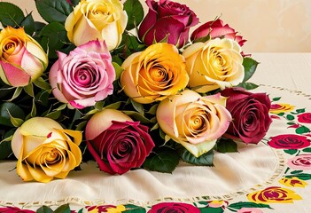 A bouquet of colorful roses on a cream colored tablecloth