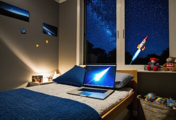 A child’s bedroom at night, with a laptop on the bed and a toy rocket launching from the screen
