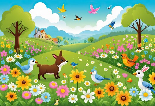 A cartoon illustration of a flower meadow in spring with cute animals and birds