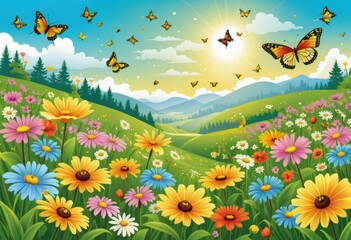 Fototapeta na wymiar A colorful illustration of a flower meadow in spring with butterflies and bees flying around