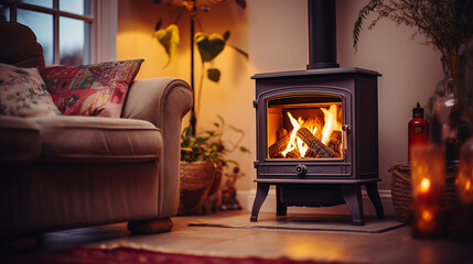 暖炉のある冬の家でリラックス Relax with stove fireplace in winter house - obrazy, fototapety, plakaty
