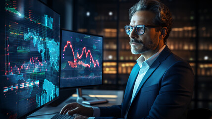 Businessman using ai technology for data analytics or for tranding stock and currency in market exchange