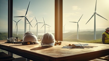 Male and female engineers wearing helmets sit and talk in the workplace. On the table is a small windmill.