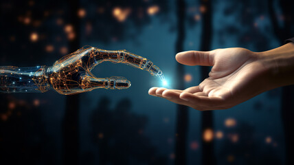 hand of human and robot or artificial Intelligence connecting data information , machine learning technology - obrazy, fototapety, plakaty