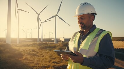 Professional ecological engineer holds futuristic device monitoring wind turbine performance data on background - obrazy, fototapety, plakaty