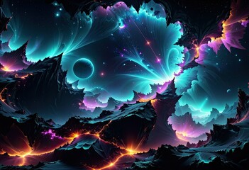 dark and mysterious space background with glowing neon fractals that create a contrast and a sense of depth - obrazy, fototapety, plakaty
