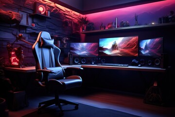 3D rendering of the interior of a room with a gaming chair - Powered by Adobe