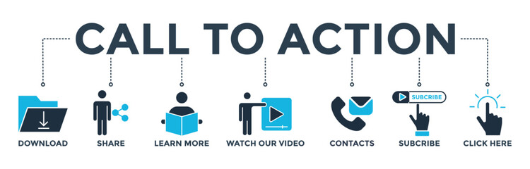 Fototapeta na wymiar Call to action banner web icon vector illustration concept with icon of download, share, learn more, watch our video, contact us, subscribe, and click here