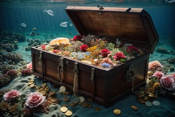 a chest with coins and flowers on the bottom of it
