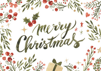 Hand-drawn watercolor Christmas season greetings card with botanical frame  © Le Ha