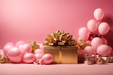 balloons and presents are on a pink background with a gold gift box