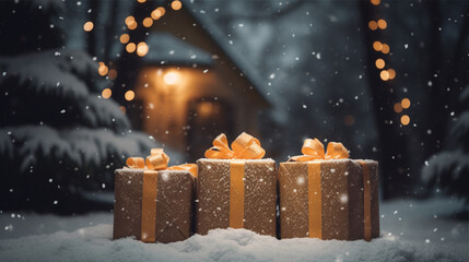 雪の中のプレゼント Gift box in snow - obrazy, fototapety, plakaty