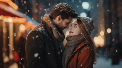 雪降る冬の街角で見つめ合うカップル Couple looking each other in snowing city - obrazy, fototapety, plakaty