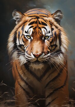 tiger field background oil staring directly professional matte frontal pose bright close long brush strokes