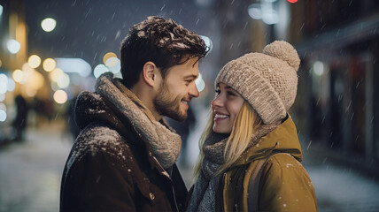 雪降る冬の街角で見つめ合うカップル Couple looking each other in snowing city - obrazy, fototapety, plakaty