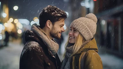 Fotobehang 雪降る冬の街角で見つめ合うカップル Couple looking each other in snowing city © kyo