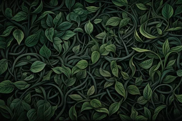 Foto op Canvas  dark floral pattern background, watercolor hand drawn abstract, template green liana interweavings, exotic tropical wall with green leaves © Jim1786