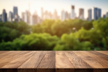 Naklejka na ściany i meble The empty wooden table top with blur background of city park skyline. Exuberant image. generative ai
