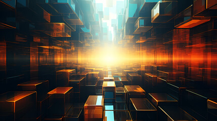 a bright orange and yellow abstract design, in the style of futuristic cityscapes, cubo-futurism, luminous 3d objects, dark red and light cyan, passage, abstraction-cr&eacute;ation, decorative backgrounds