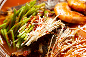 Seafood soup ingredients, raw vegetables