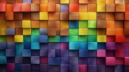3D wooden square cubes with a textured wall background and abstract geometric rainbow colors illustration panoramic long wallpaper with a wood texture 4k.