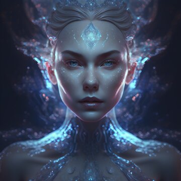 Ice Goddess piercing gaze cold defiant symmetrical face and body glowing shadows lights Canon EOS 5T 35mm super detailed photography octane render celestial 5 