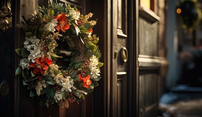 Fototapeta na wymiar christmas wreath on the door of the house