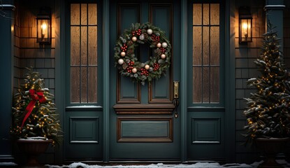 christmas wreath on the door of the house