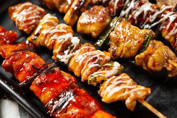 Chicken skewers in various flavors on a plate