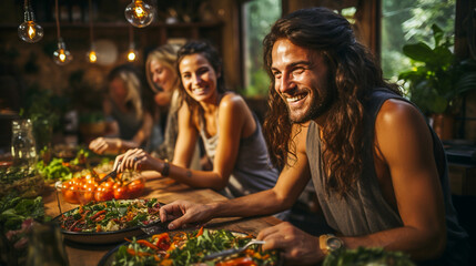 group of young people eating vegetarian food in the restaurant - obrazy, fototapety, plakaty
