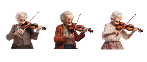 set of elderly women passionately playing the violin in PNG image format.Isolated on white + PNG