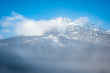 Lake Dobbiaco. Treasure chest among the Dolomites. Winter atmosphere.