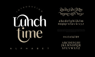 Lunchtime premium luxury elegant alphabet letters and numbers. Elegant wedding typography classic serif font decorative vintage retro. Creative vector illustration