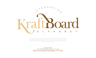 Kraftboard premium luxury elegant alphabet letters and numbers. Elegant wedding typography classic serif font decorative vintage retro. Creative vector illustration - obrazy, fototapety, plakaty