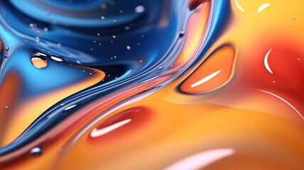 The close up of a glossy liquid surface abstract in red, yellow, and blue colors with a soft focus. 3D illustration of exuberant. generative AI