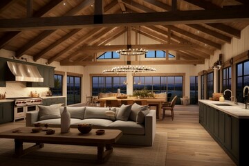 Elegant farmhouse style with illuminated modern interior featuring wooden beam ceiling. Generative AI