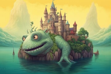 A legendary creature in a lake with a castle backdrop. Childish illustration. Generative AI