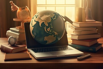 A laptop surrounded by books, globe, and a graduation cap. Generative AI