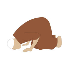 Illustration of a muslim man who is prostrate during prayer. Muslim people praying. Isolated on a white background.