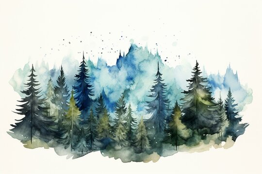 Watercolor depiction of mountains, forest, and country landscapes with abstract vintage blue spots. Perfect for postcards, pictures, posters, and logos. Features pine trees, fir,. Generative AI