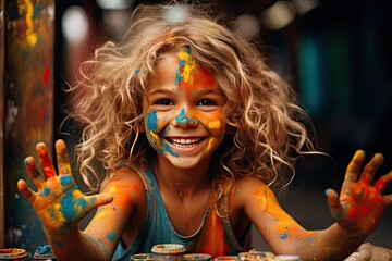 Little girl with painted hands with big smile making faces - obrazy, fototapety, plakaty